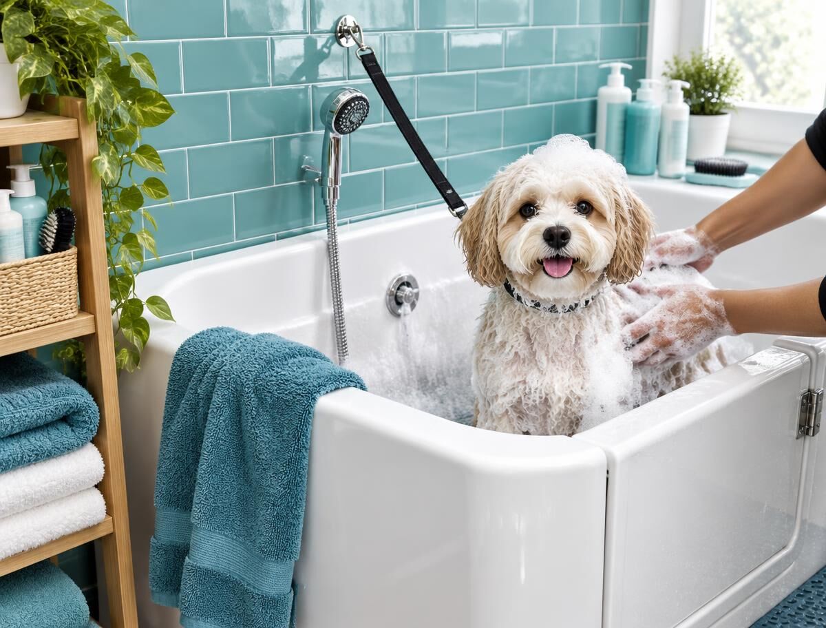 Perrito recibiendo un baño con espuma en la tina