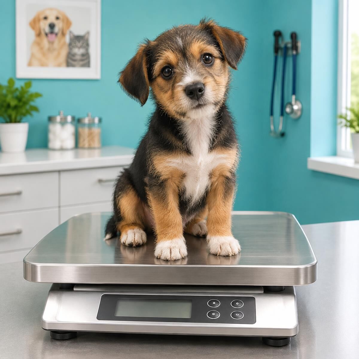 Cachorro sobre una báscula en la clínica